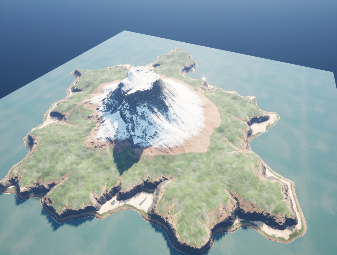 Aerial view of the island in A Cherokee Tale, showing a snow-capped mountain surrounded by forest and coastline