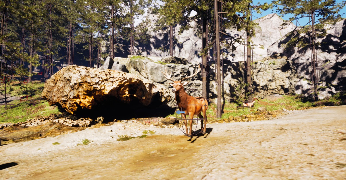 An elk standing near a rock formation in the forest, a hunting encounter in A Cherokee Tale