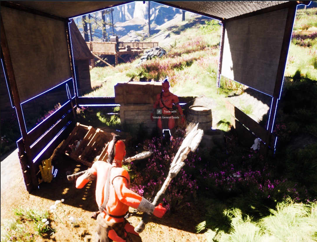 A player character trading with a vendor at a camp trading post in A Cherokee Tale